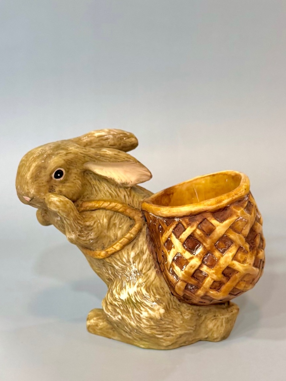 Vintage Ceramic Bunny Backpack Planter, Retro Brown Rabbit Basket Figurine